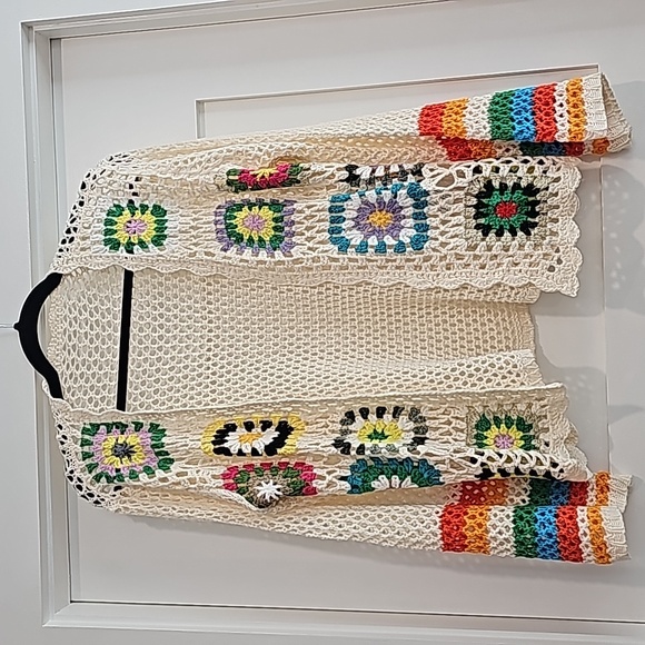 NWOT Boho crochet bell sleeve Granny squares open front sweater. Oversized S - Picture 3 of 10